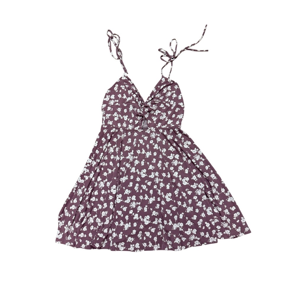 Lovely Day Mini Dress Womens Small Purple Floral Tie Shoulder Cut Out Fit Flare